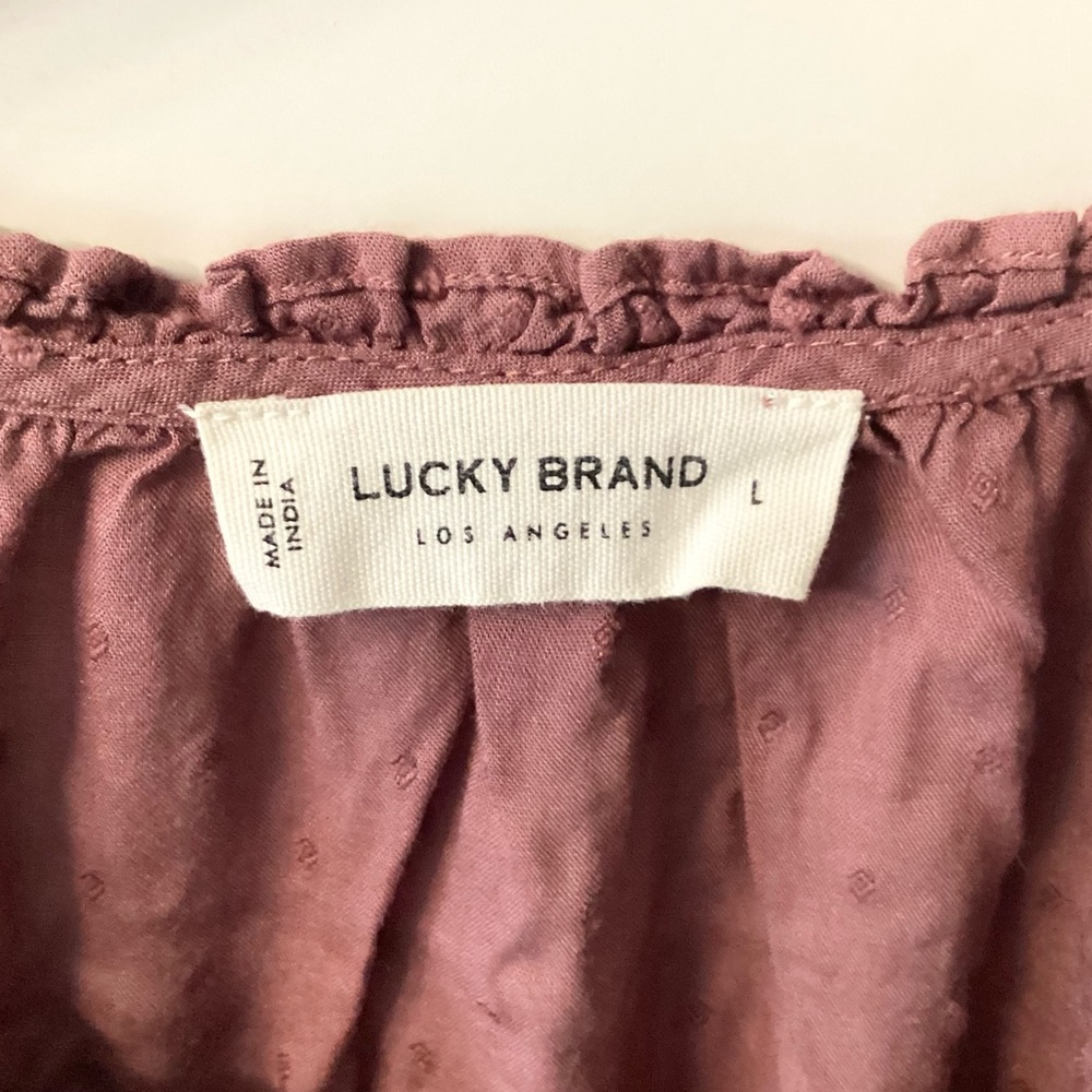 Lucky Brand Long Sleeve Swiss Dot Bubble Hem Peasant Top - Rose Brown - L - Picture 9 of 10